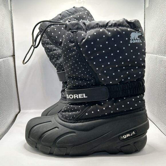 Sorel Snow Boots Youth Size 4 Black White Polka Dots Waterproof Insulated - Picture 1 of 16